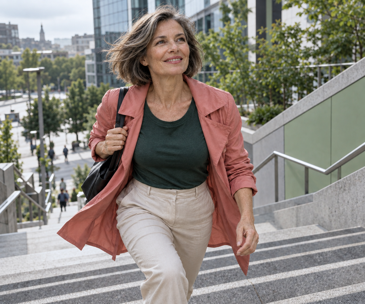 Frau in der Lebensmitte steigt mit Schwung eine helle Stadttreppe hinauf