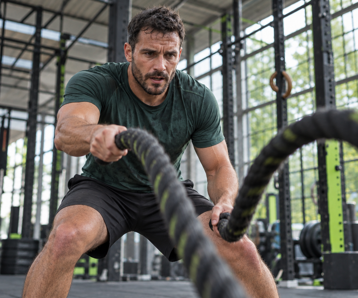 Mann beim intensiven Training mit Battle Ropes im Fitnessstudio
