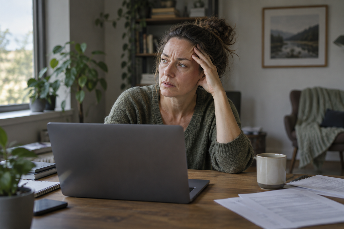 Frau ringt am Laptop mit ihrer Konzentration.
