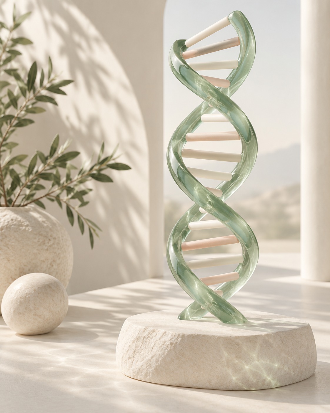 Künstlerische Darstellung einer DNA-Doppelhelix aus sanftgrünem Glas