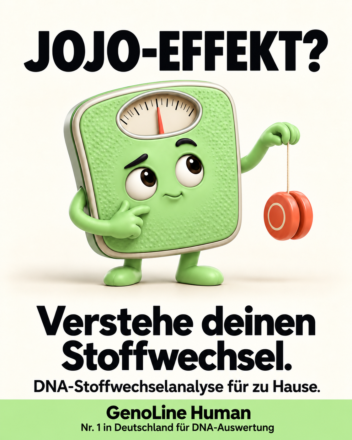 Grüne Waagenfigur mit Jojo – DNA-Stoffwechselanalyse von GenoLine Human