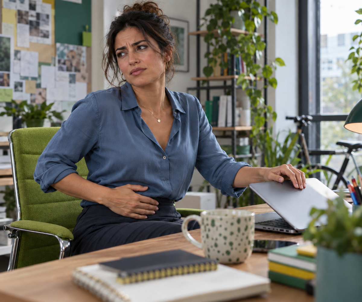 Frau unterbricht ihren Büroalltag wegen eines unangenehmen Bauchgefühls